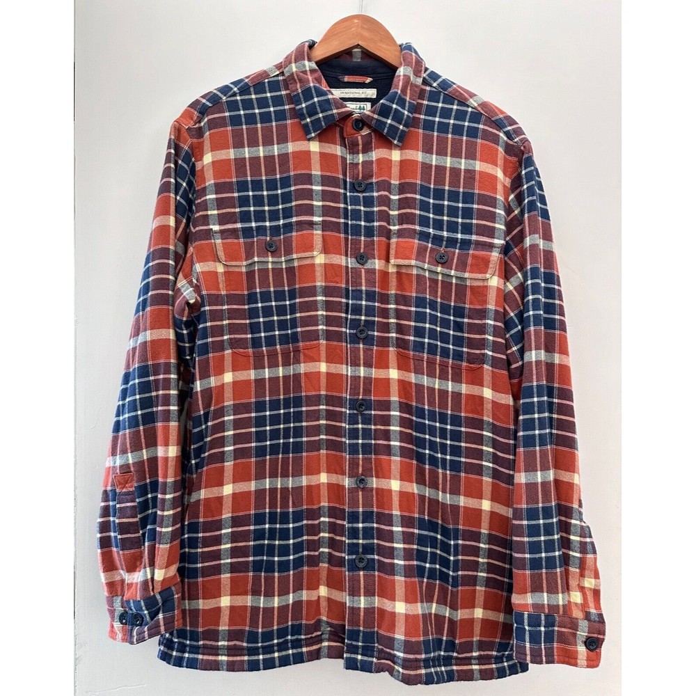 LL Bean Fleece Lined Flannel Shirt Jacket Men's Medium Shacket Navy Plaid